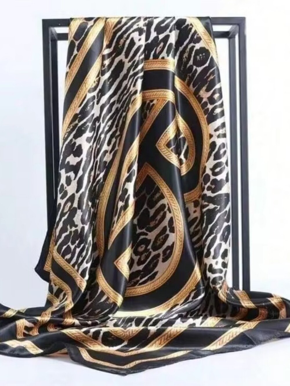 Designer-Inspired Leopard Print Silk Scarf with Gold Trim - Black/White (NWOT) - Picture 3 of 7